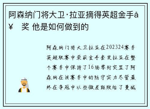 阿森纳门将大卫·拉亚摘得英超金手套奖 他是如何做到的